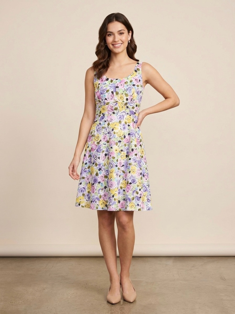 Donna Ricco Watercolor Floral A-Line Dress Pastel Purple Pink Yellow 10